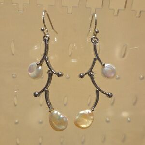 Keshi Pearl Branch Drop Silver Tone Earrings